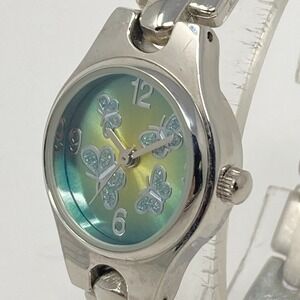 Butterfly Watch Women 23mm Silver Tone Green Yellow Dial Round New Battery 6.25"